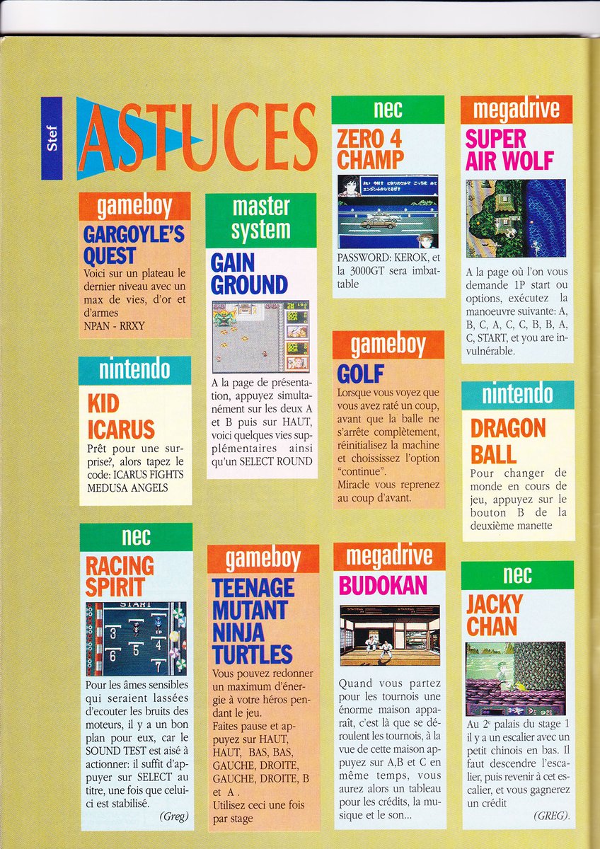 AllmightoFranky's tweet photo. Et on termine ce numéro avec une derrière salve de trucs et astuces,du #KidIcarus sur #NES,#TMNT sur #GameBoy,#JamesPond et #ThunderForceIII sur #Megadrive!!! A demain pour un nouveau magazine!! 6/6 https://t.co/ALuIX0g1Ju