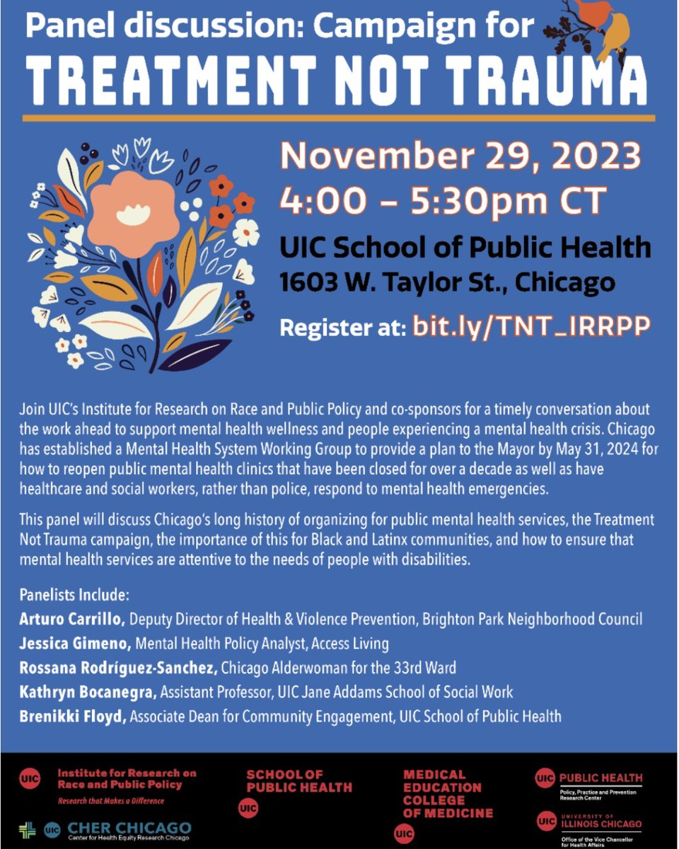 IRRPP at UIC (@irrppuic) on Twitter photo This Wednesday! Join IRRPP and co-sponsors a hybrid timely conversation about the work ahead to support mental health wellness and people experiencing a mental health crisis.
<a href="/JaneAddamsColl/">Jane Addams College of Social Work</a>
<a href="/uicpublichealth/">UIC School of Public Health</a>
<a href="/uicdme/">UIC Department of Medical Education</a>
<a href="/AccessLiving/">Access Living</a>
<a href="/RossanaFor33/">Rossana Rodriguez 🌹🇵🇷✊🏽🏳️🌈</a>
<a href="/33rdWardWorking/">33rd Ward Working Families</a> This Wednesday! Join IRRPP and co-sponsors a hybrid timely conversation about the work ahead to support mental health wellness and people experiencing a mental health crisis.
<a href="/JaneAddamsColl/">Jane Addams College of Social Work</a>
<a href="/uicpublichealth/">UIC School of Public Health</a>
<a href="/uicdme/">UIC Department of Medical Education</a>
<a href="/AccessLiving/">Access Living</a>
<a href="/RossanaFor33/">Rossana Rodriguez 🌹🇵🇷✊🏽🏳️🌈</a>
<a href="/33rdWardWorking/">33rd Ward Working Families</a>