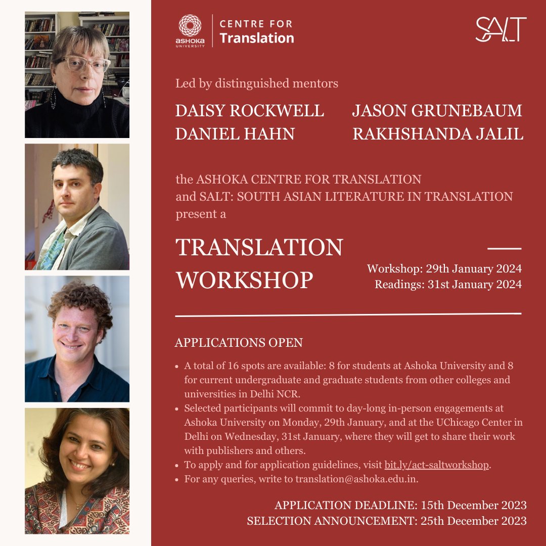 In collaboration with @SALTatChicago, we present a Translation Workshop led by distinguished mentors @shreedaisy, @danielhahn02, @jasongrunebaum, and @RakhshandaJalil. To apply and for application guidelines, visit bit.ly/act-saltworksh….