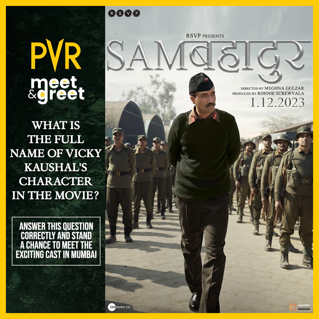 Experience the epic tale of the real-life historical hero #SamBahadur on the big screen! 🇮🇳🌟 Answer a simple question and stand a chance to meet the star cast in Mumbai on Nov. 29.

Steps:
1: Share your answer along with the city you’re from in the comments
2: Tag PVR Cinemas