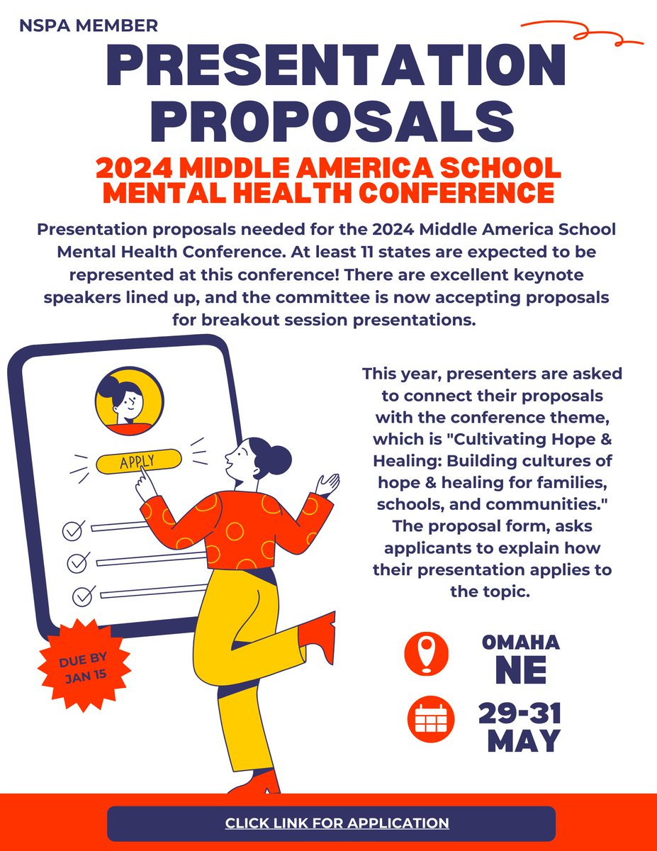 NSPAOnline's tweet photo. NSPA would like to encourage our awesome members to apply to present at the first ever Middle America School Mental Health Conference along with the 2024 Nebraska School Mental Health Conference. See flyer for more info, and click here to apply: https://t.co/cuuTZYtbKf https://t.co/s7ytDVijnC
