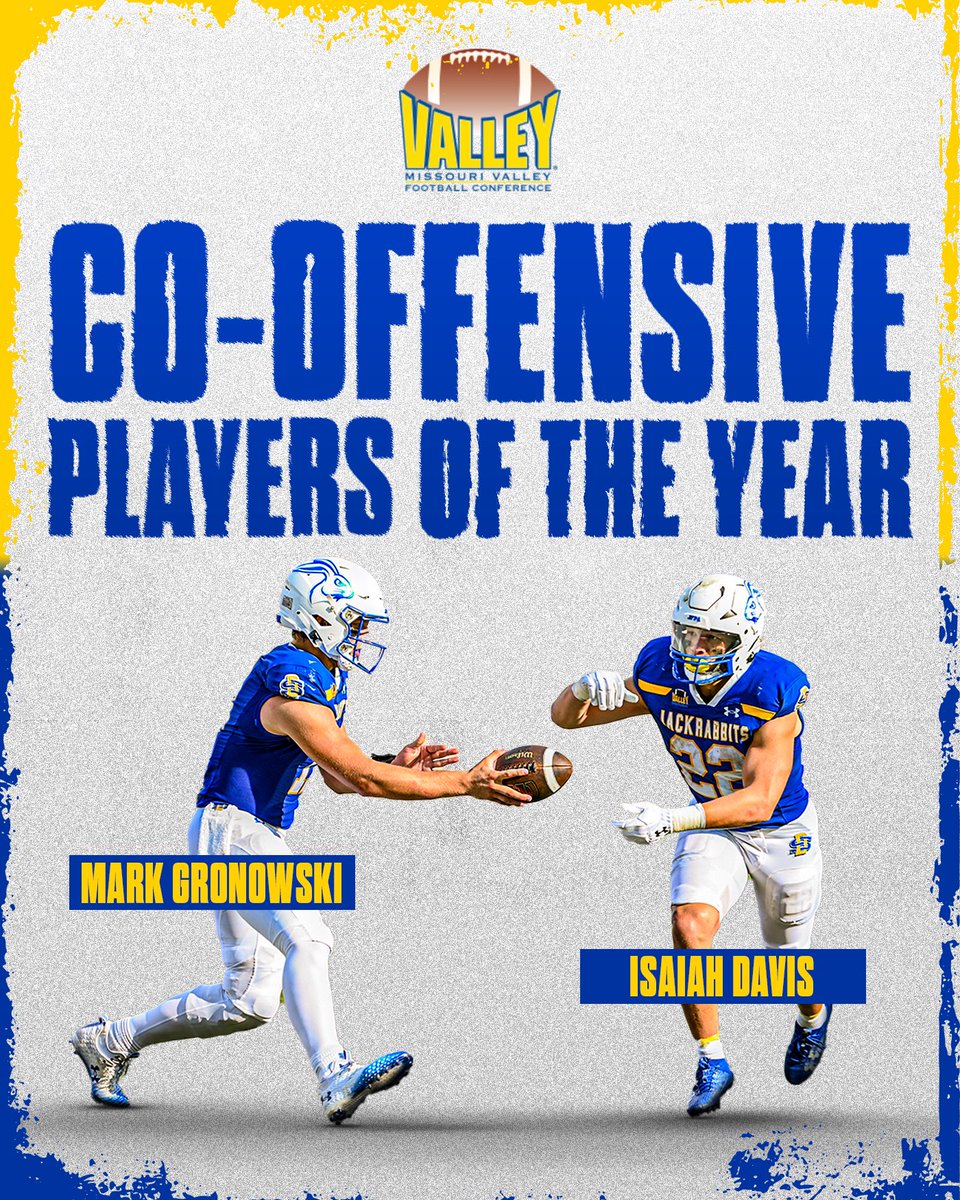 SDSU Football (@gojacksfb) on Twitter photo Your <a href="/ValleyFootball/">Valley Football</a> Co-Offensive Players of the Year: <a href="/mgronowski11/">Mark Gronowski</a> + <a href="/z4days/">Isaiah Davis</a>
#GoJacks 🐰🏈 Your <a href="/ValleyFootball/">Valley Football</a> Co-Offensive Players of the Year: <a href="/mgronowski11/">Mark Gronowski</a> + <a href="/z4days/">Isaiah Davis</a>
#GoJacks 🐰🏈