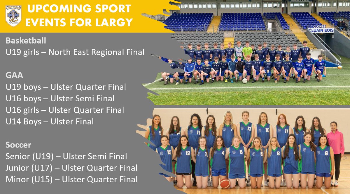 Largy College Official (@largyofficial) on Twitter photo A busy few weeks ahead for our sport teams in Largy. Best of luck to all teachers and students involved in all games. Times, dates and venues will be announced closer to the games.
<a href="/KilleevanGAA/">Killeevan Sarsfields</a>
<a href="/ClonesGAA/">Clones GAA</a>
<a href="/AghabogGFC/">Aghabog GFC</a>
<a href="/monaghangaa/">@monaghangaa</a>
<a href="/ulsterschools/">Ulster Schools GAA</a>
<a href="/CurrinGAA/">Currin GFC</a>
<a href="/eireognamullai/">eireog</a> A busy few weeks ahead for our sport teams in Largy. Best of luck to all teachers and students involved in all games. Times, dates and venues will be announced closer to the games.
<a href="/KilleevanGAA/">Killeevan Sarsfields</a>
<a href="/ClonesGAA/">Clones GAA</a>
<a href="/AghabogGFC/">Aghabog GFC</a>
<a href="/monaghangaa/">@monaghangaa</a>
<a href="/ulsterschools/">Ulster Schools GAA</a>
<a href="/CurrinGAA/">Currin GFC</a>
<a href="/eireognamullai/">eireog</a>