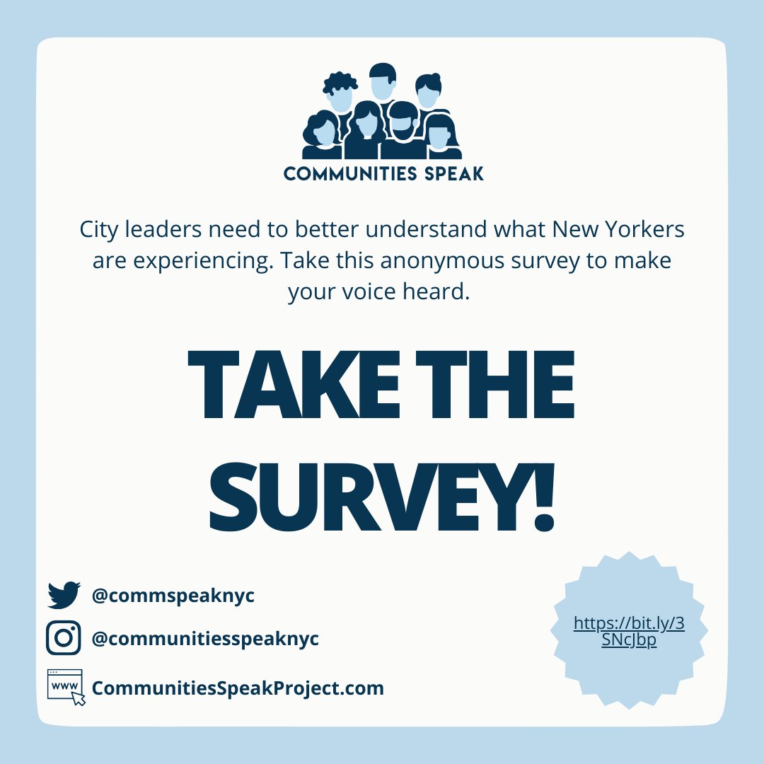 New Yorkers, we want to hear from you!

<a href="/Commspeaknyc/">Communities Speak</a> is a survey developed by @columbia researchers — with support from <a href="/BloombergDotOrg/">Bloomberg Philanthropies</a> — to increase the diversity and influence of community voices in policy-making.

Make your voice heard:
bit.ly/3SNcJbp