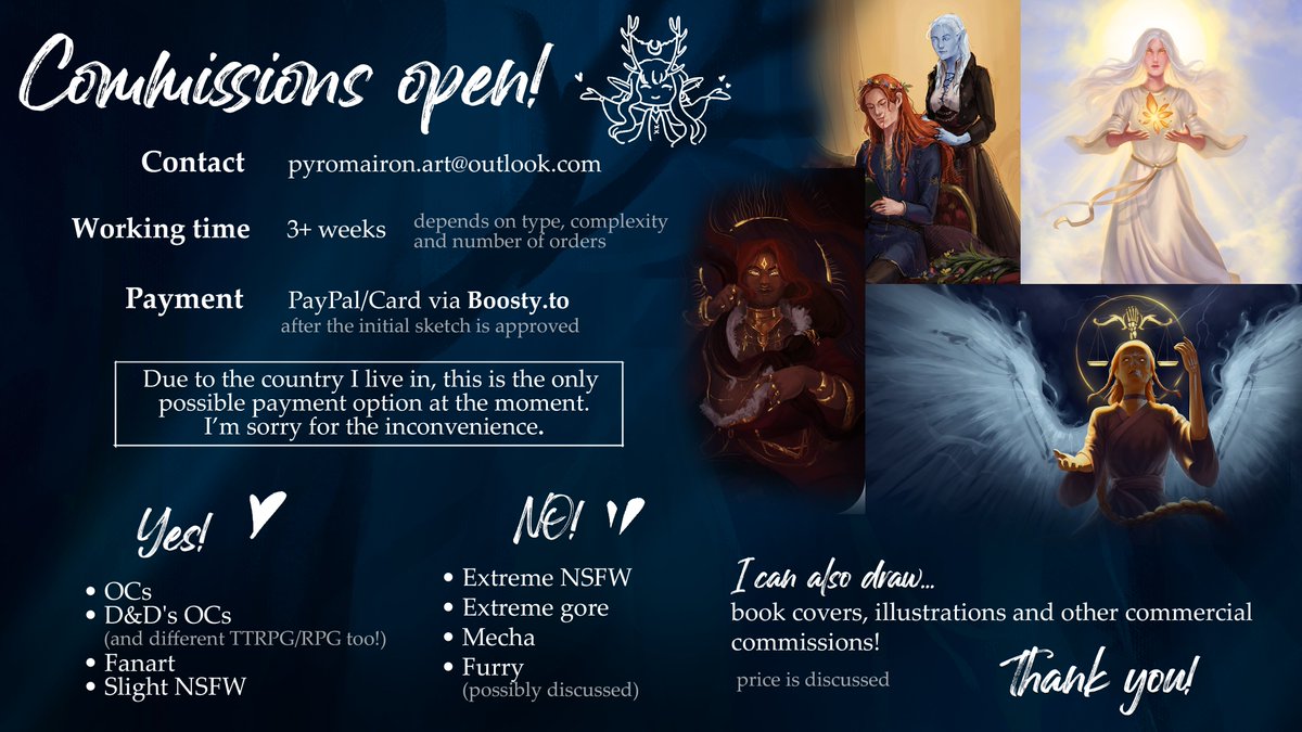 pyromairon's tweet photo. 🌞November slots open! 🌛

 Available slots (I'll count remaining below 👇)

🌘Sketch: 
• 3 slots
🌑Tarot:
• 3 slots
🌒Render:
• 2 slots

Note!: these are the last usual slots of 2023 🎄

💫Contact via email: pyromairon.art@outlook.com
✨Form and ToS: https://t.co/zTTAlGcnNn https://t.co/g5nkplJ43s
