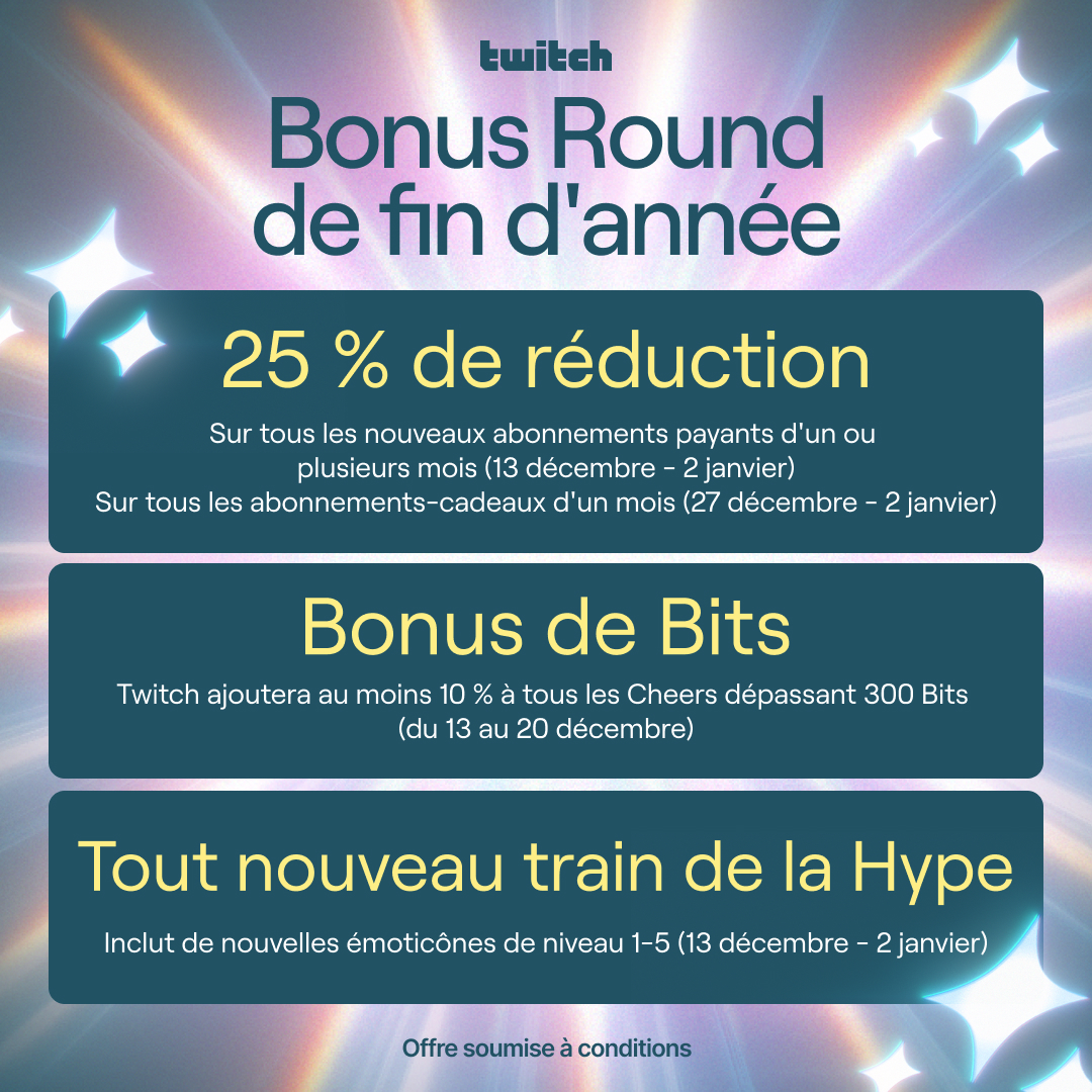 TwitchFR's tweet photo. L’événement Bonus Round commencera le 13 décembre et se terminera le 2 janvier. En voici les dates importantes 🧵 https://t.co/udEmIMp15f