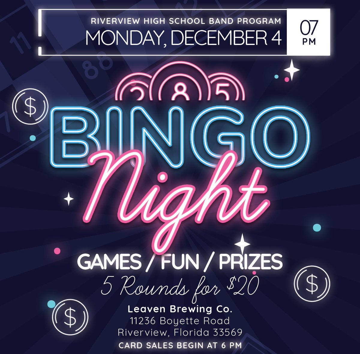 Bingo Night with the Riverview HS Band hits a high note next Monday, December 4th! Join us for an evening of music, laughter and prizes! Let the daubing begin!