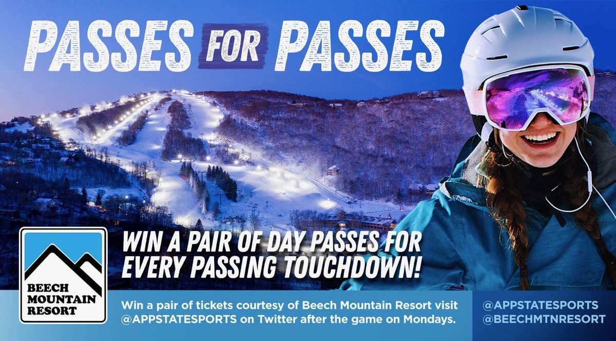 appstatesports's tweet photo. We have4⃣pairs of day ski passes from @BeechMtnResort to give away today after four @AppState_FB touchdown passes against Georgia Southern on Saturday. 

Retweet and follow @BeechMtnResort for your chance to win from 12-1 p.m. 

#PassesForPasses https://t.co/7PIaU6cV11
