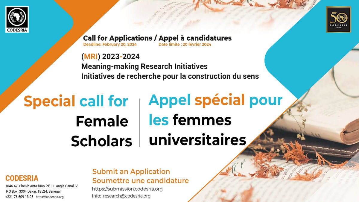 @CODESRIA is pleased to announce the (MRI) 2023-2024 Special call for Female Scholars codesria.org/meaning-making… Le @CODESRIA a le plaisir d’annoncer l’appel spécial pour les femmes universitaires codesria.org/fr/initiatives…