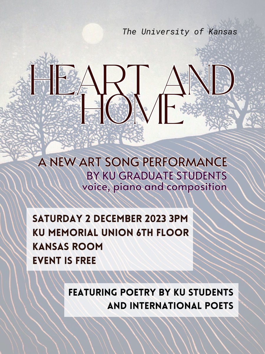 Please join us this Saturday at 3:00 p.m. for 'Heart And Home,” an extraordinary showcase of new art songs crafted collaboratively by talented graduate students from voice, piano, and composition. The performance will take place in the Kansas Room on the 6th floor of the Union.