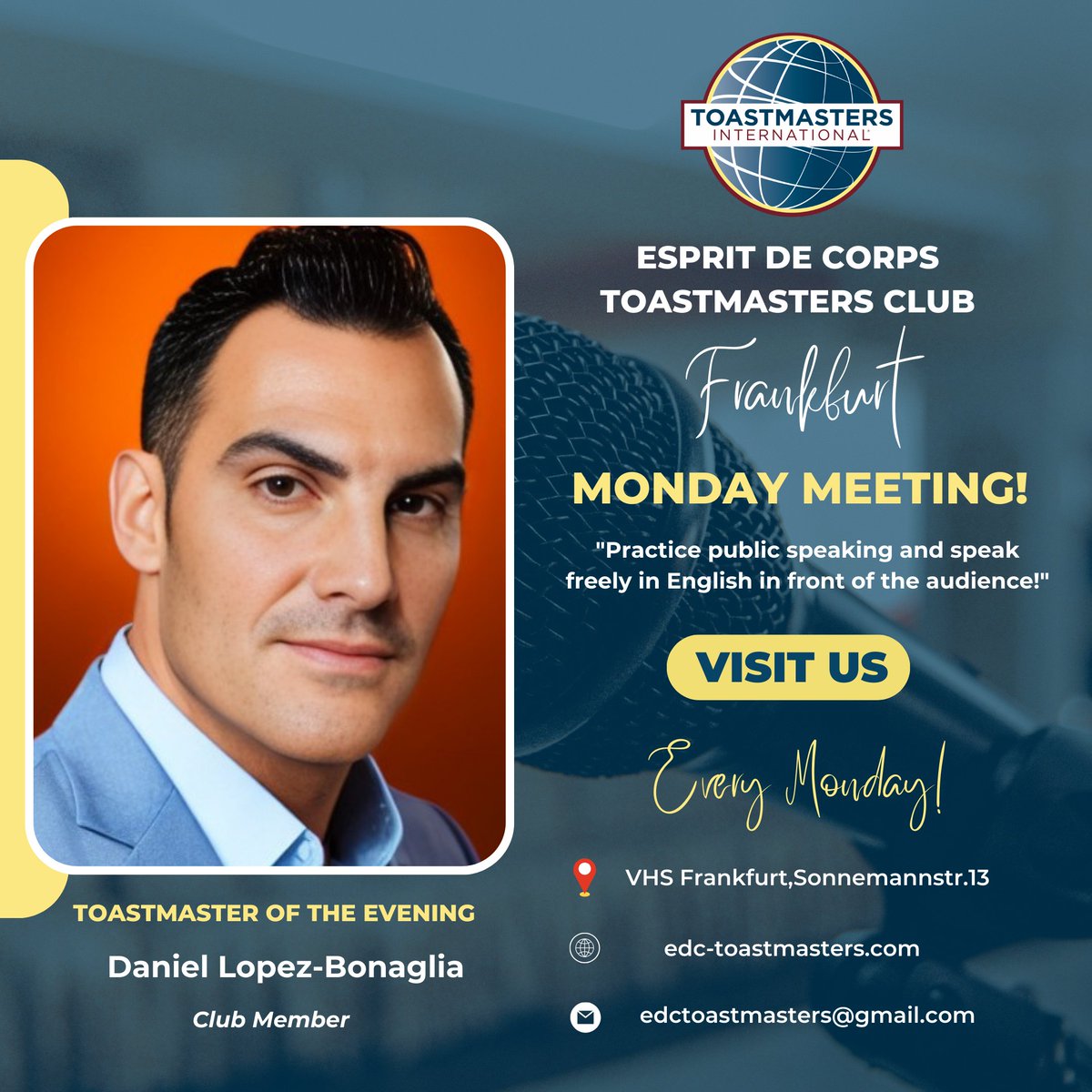 📣 Happy Monday friends of Esprit de Corps Toastmasters! Join us tonight for another fun evening of freely public speaking in front of an audience! We have an exciting mix of prepared speeches, table topics and feedback! 🎯

Register here tmclub.eu/view_meeting.p… !