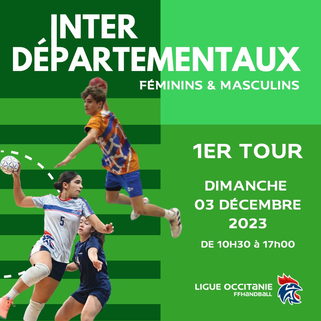 RDV le dimanche 03 décembre 2023 pour le 1er tour des Interdépartementaux Féminins et Masculins 🤾🤾‍♀️

Toutes les infos (lieux, poules, horaires des matchs…) ➡️ occitanie-handball.fr/actualites/225…