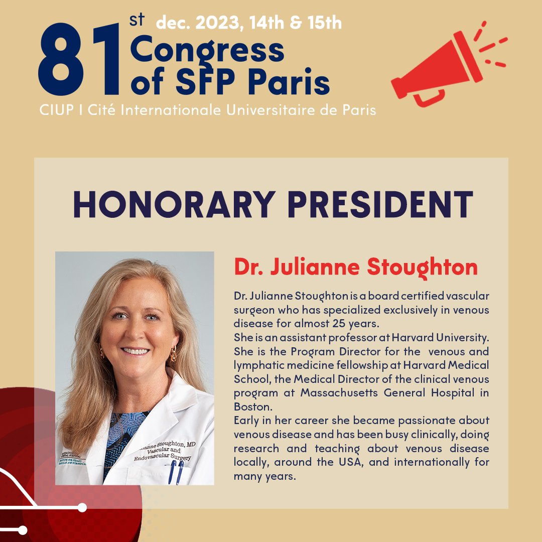 📢 À l'occasion du 81ème congrès de la Société Française de Phlébologie les 14 et 15 décembre 2023, nous aurons l'honneur d'accueillir le Dr. Julianne Stoughton en tant que Présidente d'honneur du congrès.

#sfpcongres
#Vasculaire
#SFP
#Phlébologie
#Congres