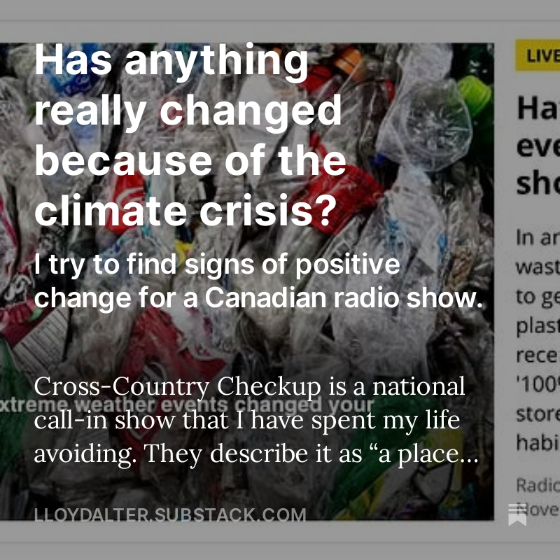 I was a guest on @checkupcbc talking climate and consumption and expected cranks and deniers. I was surprised at the consensus that personal consumption matters. Here's stuff I prepared for the show and never got to use lloydalter.substack.com/p/has-anything…