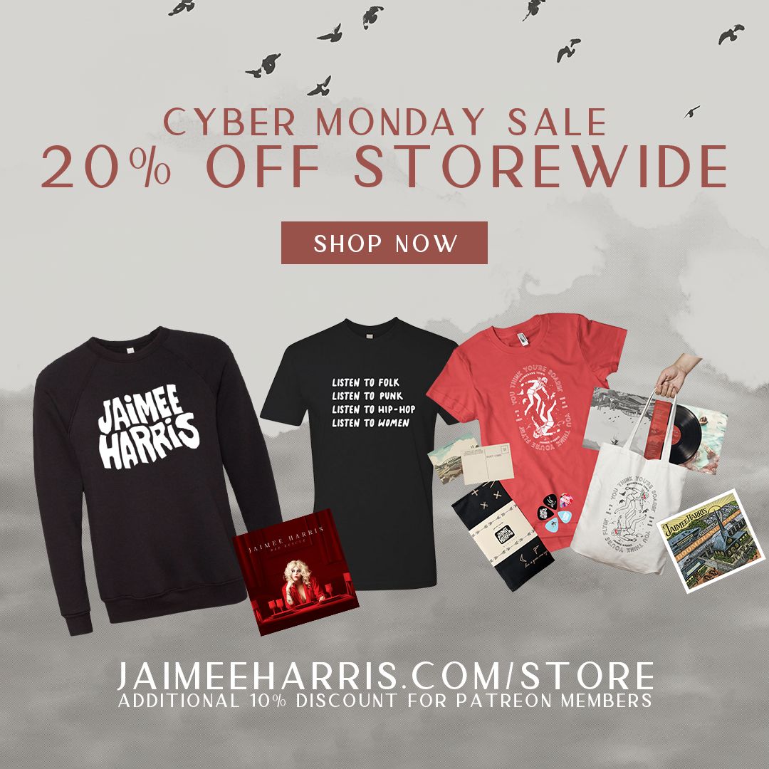 🚨 Major sale alert 🚨 Everything on the JH Webstore (including handwritten lyrics) is 20% off! Folk N' Roll Fan Club Patreon members get an additional 10% off because y'all are the ultimate best. Shop the store ➡️ jaimeeharris.com/store