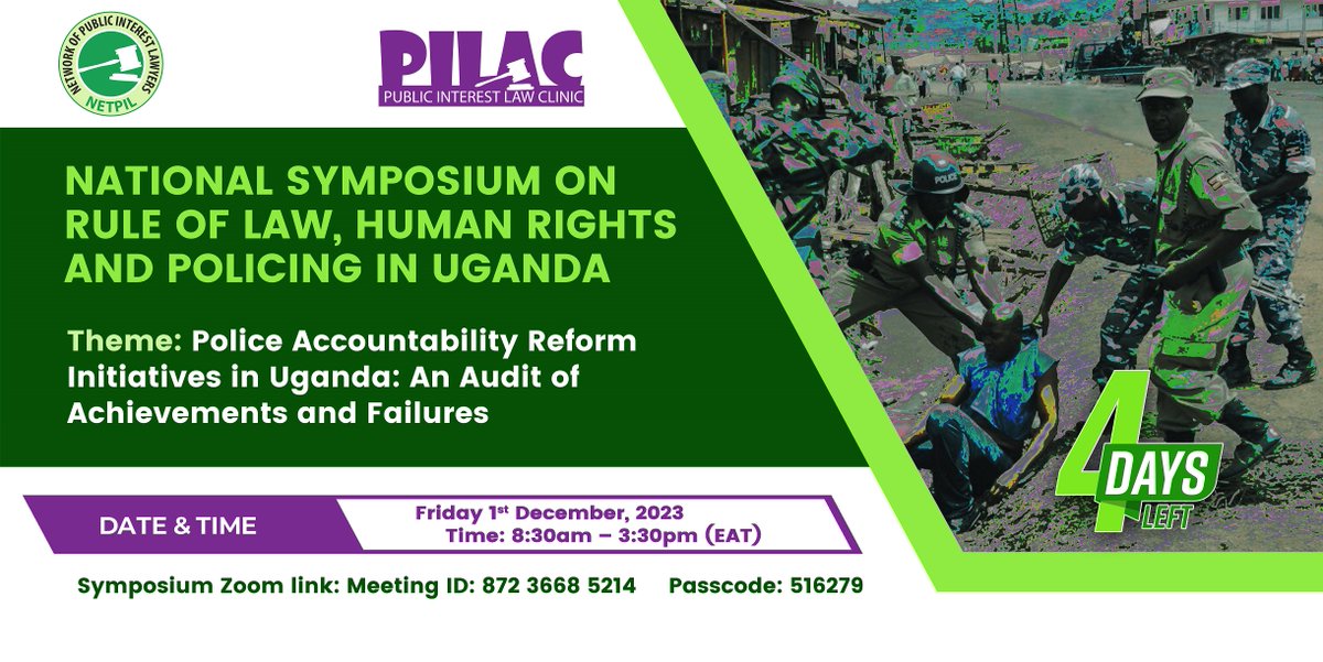 4 days to go... @NetpilUganda and @makpilac looking forward to hosting you. The big question for the day: Can you and I exercise civilian oversight over 🇺🇬's policing? Can we speak into reforms in policing for Uganda? @PoliceUg @MakerereLaw