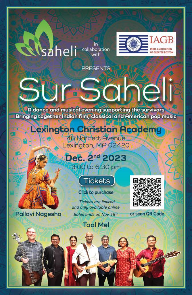 iagb's tweet photo. IAGB is proud to collaborate with Saheli in its unique concert Sur Saheli, a dance &amp; musical evening supporting survivors through the vibrant fusion of Indian film, classical, &amp; American pop music. **Tickets are limited**

#SurSaheli #IAGBEvent #MusicalEvening https://t.co/cVN8C7Dmvd