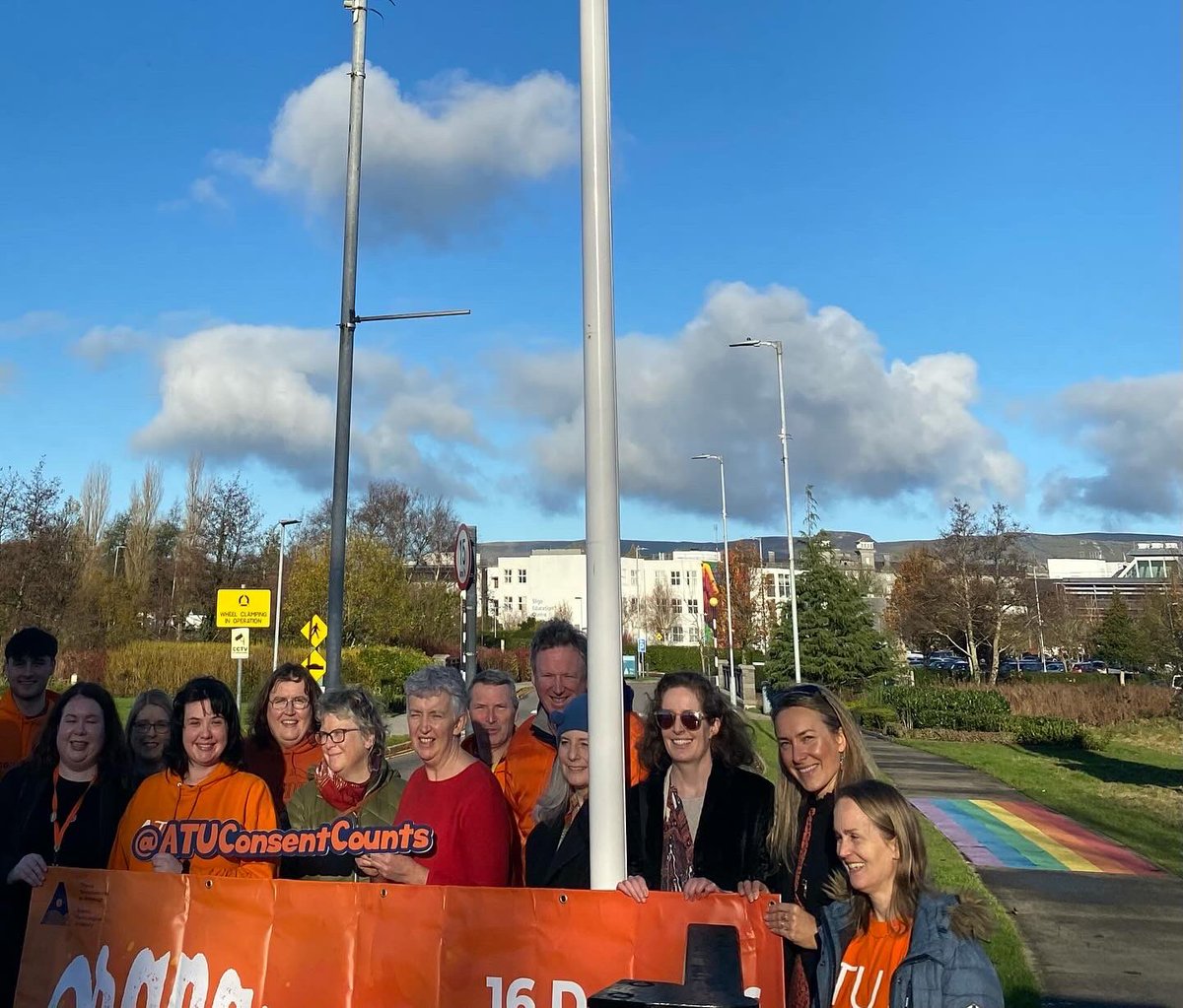 The “Orange the World” flag was raised on the ATU Sligo campus today, supporting the 16 Days of Activism against Gender-Based Violence Campaign. Delighted to be joined by <a href="/sligorcc/">SligoRapeCrisis</a> and @dvas_sligoleitrimwestcavan on campus today.