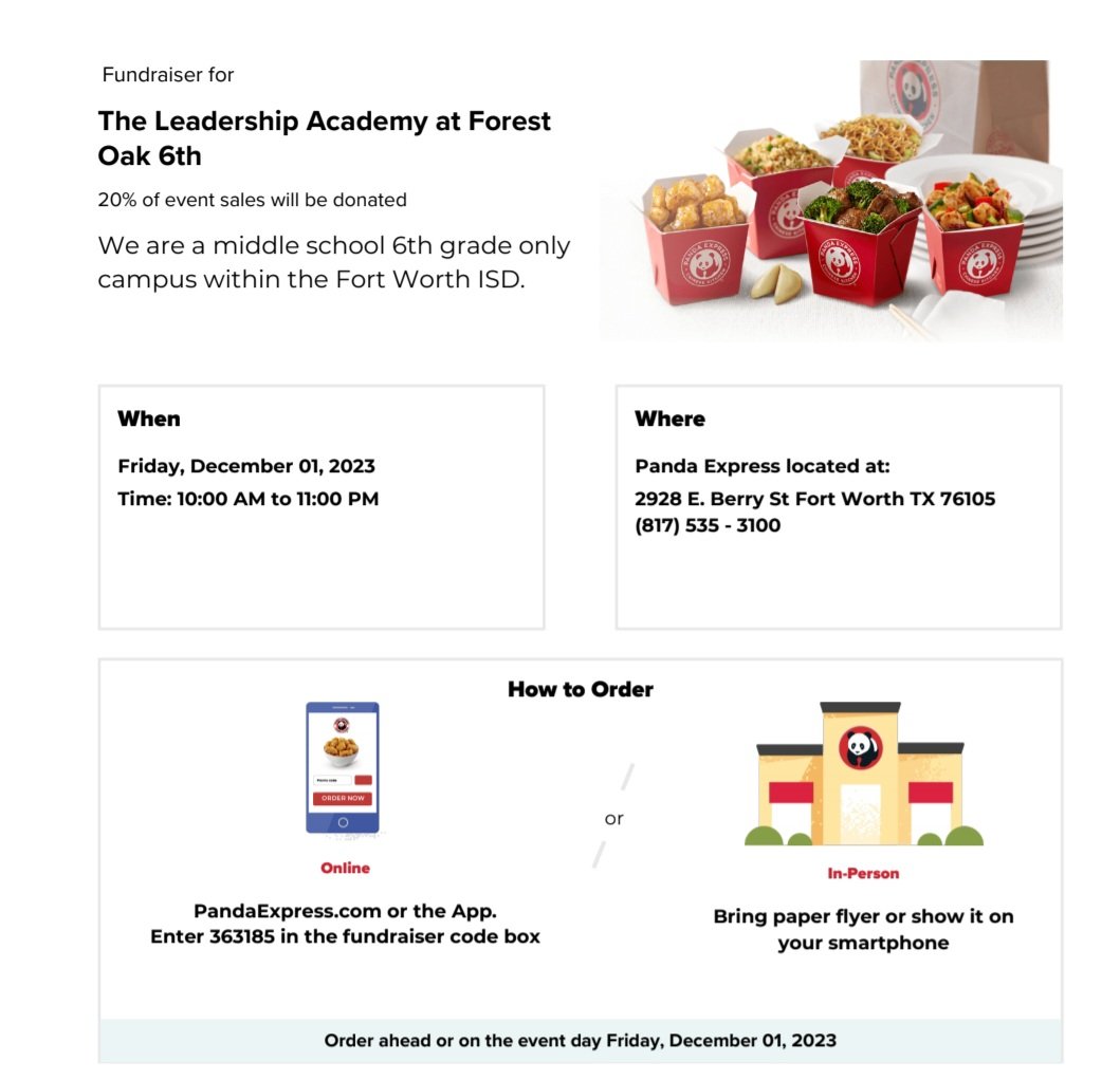 LAFO 6th families! Please join us for our fundraiser on 12/1 from 11:00am-10:00pm! Mention that you are with LAFO 6th