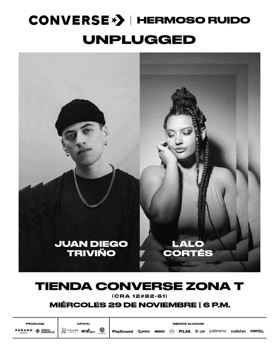 ⭐️ Este miércoles les damos la bienvenida al festival con este #ConverseUnplugged. Juan Diego Triviño y Lalo Cortés se toman la tienda de Converse de la Zona T. 

📌 La entrada es libre sin previa inscripción. 

#FCHR2023