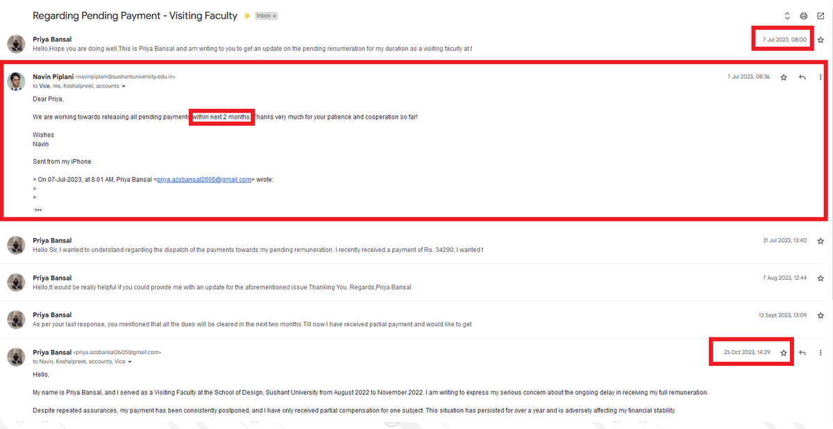 azobansal's tweet photo. 🚨🚨🚨ATTENTION PLEASE 🚨🚨🚨 need help ASAP 

1/7 - @SushantUni I served as a visiting faculty from Aug to Nov 2022, teaching 3 Subjects in Sushant School of Design. Despite assurances, it's been a year, &amp; I've only received payment of 1 subject.  #UnpaidFaculty

Cont... 👇 https://t.co/W0aHssIVAT