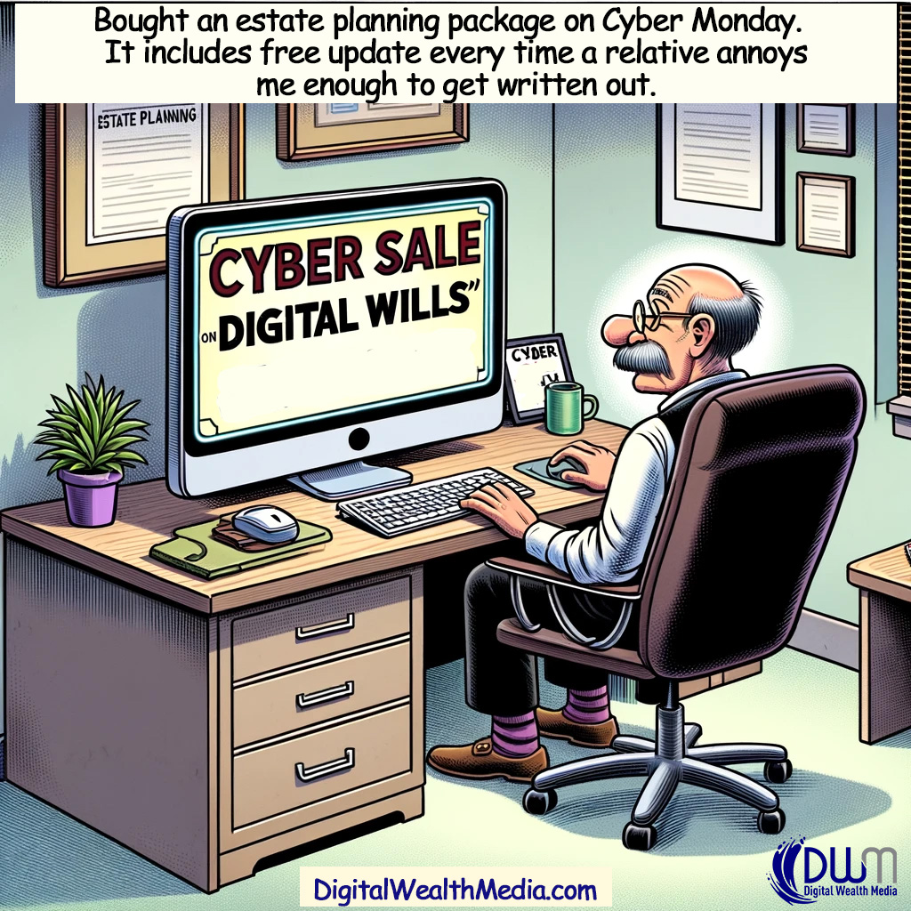 DWM_Wills's tweet photo. Discover the quirkiest deal this Cyber Monday! 💻📝 While we bring a humorous take on updating wills, it's a witty reminder of the importance of keeping your estate plans current. #CyberMondayDeals #EstatePlanning #Wills #Family #HolidayShopping #DigitalWill #Jokes https://t.co/tQPDOLPRAB