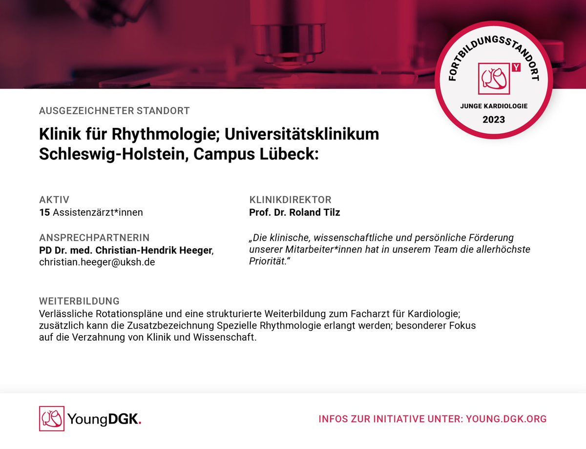 Young DGK (@youngdgk) on Twitter photo Fortbildungsstandort Junge Kardiologie 2023🏅
▶️Klinik für Kardiologie, Angiologie und Intensivmedizin
und die
▶️Klinik für Rhythmologie
📍Universitätsklinikum Schleswig-Holstein, Campus Lübeck
<a href="/IngoEitel/">Ingo Eitel</a> <a href="/RolandTilz/">Roland Tilz</a> <a href="/t_stiermaier/">Thomas Stiermaier</a> <a href="/ChristianHeeger/">Christian-H. Heeger</a>
ℹ️ young.dgk.org/fobistandort-j… Fortbildungsstandort Junge Kardiologie 2023🏅
▶️Klinik für Kardiologie, Angiologie und Intensivmedizin
und die
▶️Klinik für Rhythmologie
📍Universitätsklinikum Schleswig-Holstein, Campus Lübeck
<a href="/IngoEitel/">Ingo Eitel</a> <a href="/RolandTilz/">Roland Tilz</a> <a href="/t_stiermaier/">Thomas Stiermaier</a> <a href="/ChristianHeeger/">Christian-H. Heeger</a>
ℹ️ young.dgk.org/fobistandort-j…