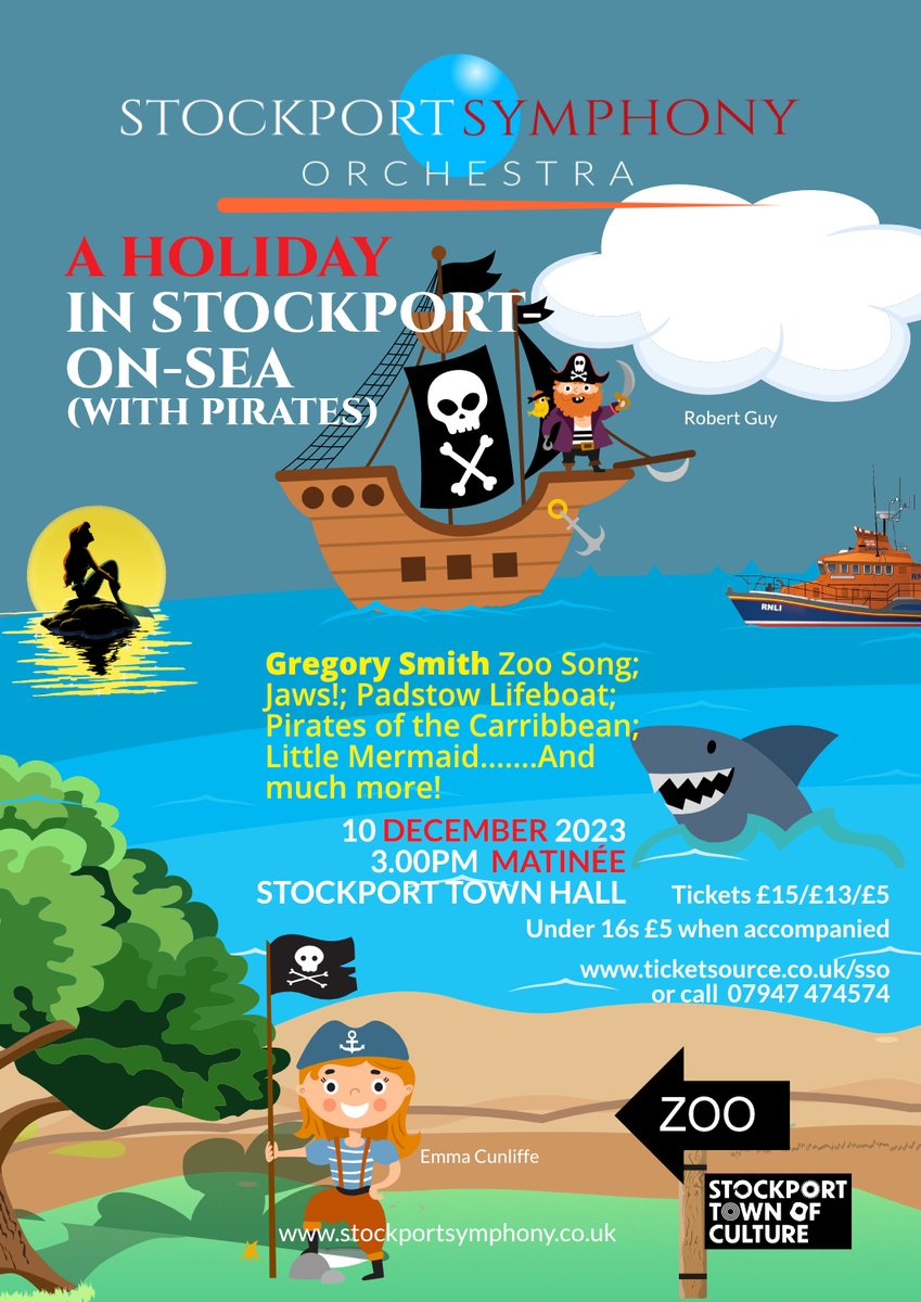 Our family friendly matinee concert is 3pm Sat 10th Dec when we present to you Stockport-on-Sea! With mermaids, sharks and pirates it should be a fun afternoon.
ticketsource.co.uk/sso for tickets
#stockporttownofculture