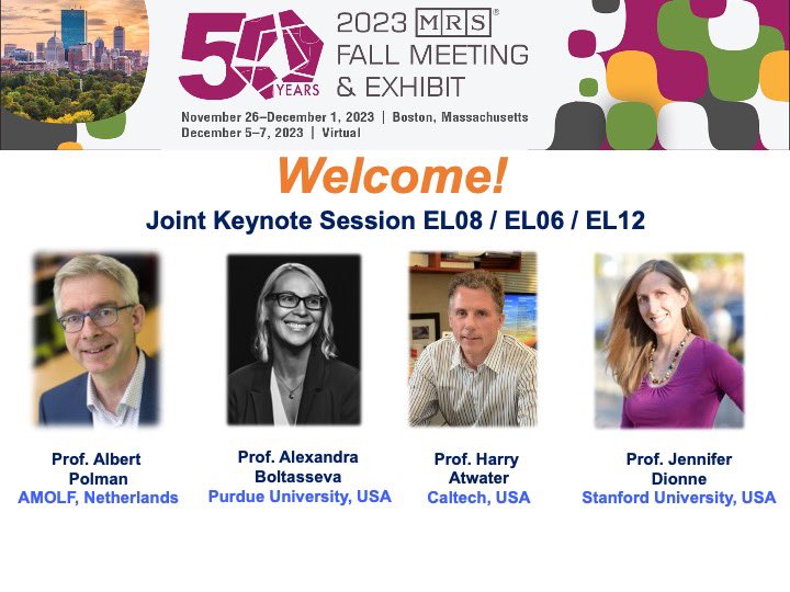Hello friends ! Do not miss the « nanophotonics flavored » joint keynote session of symposia EL08 EL06 and EL12, with talks by Pr. Polman, Pr. Boltasseva, Pr. Atwater and Pr. Dionne, this Wednesday 1.30pm - 5pm, Hynes, Level 3, Room 312! <a href="/Materials_MRS/">Materials Research Society (MRS)</a> #F23MRS