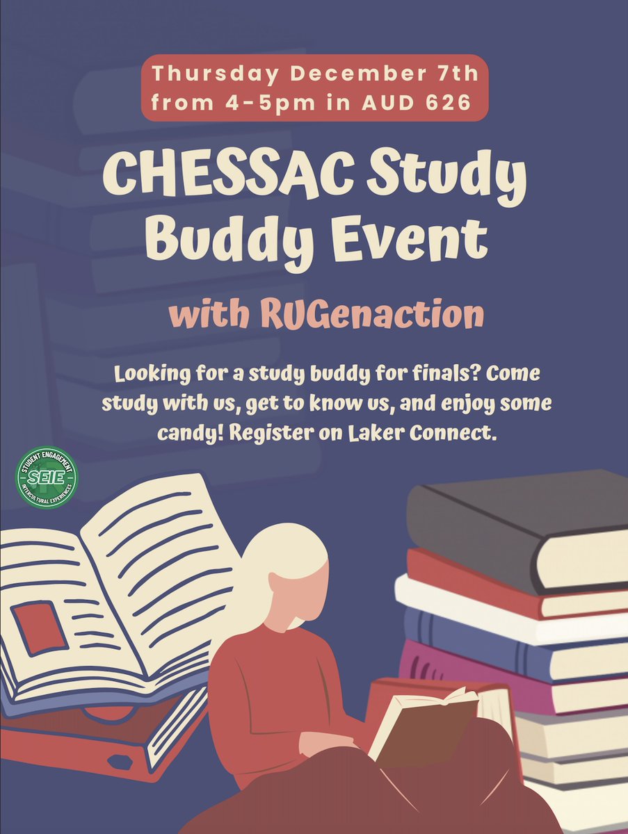 Join CHESSAC and RUGenaction to study for finals and enjoy snacks! 

We hope to see you on December 7 at 4-5pm for the last event of the semester!