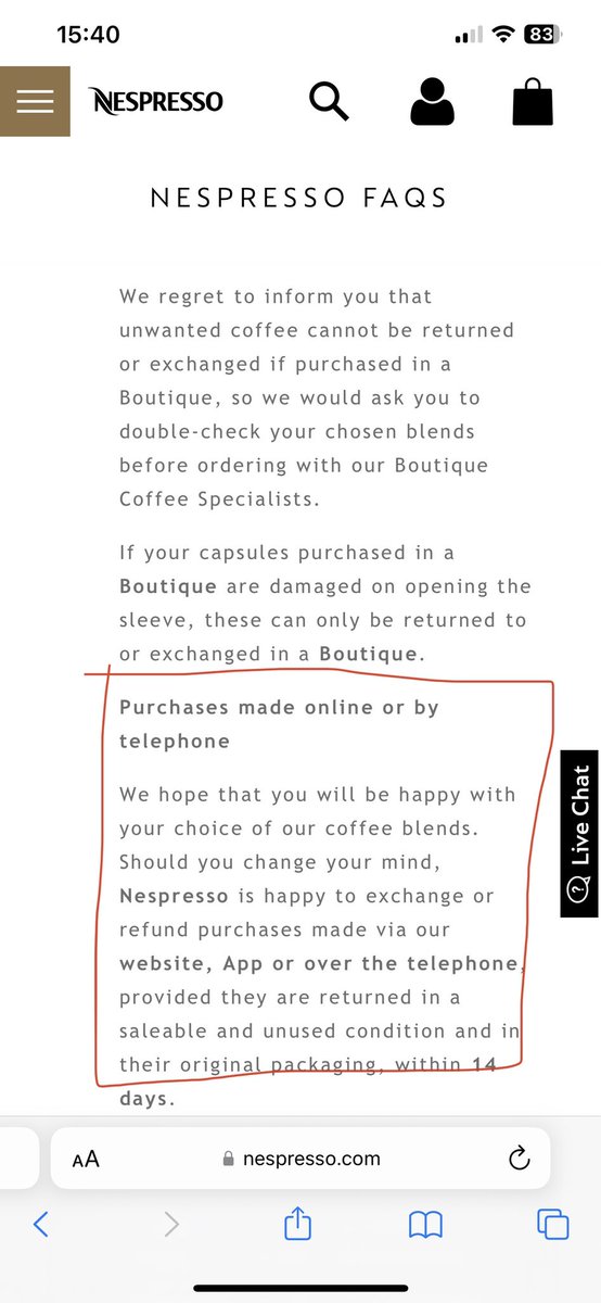 ljcchester's tweet photo. @NespressoUK Thanks, I’ll DM that over just now. I am still a little confused though because this FAQ on the website indicates I can change my mind about coffee purchases online and get a refund or exchange, hence my disappointment at not being informed or also being able to do via Boutique. https://t.co/2F37YwsGZC