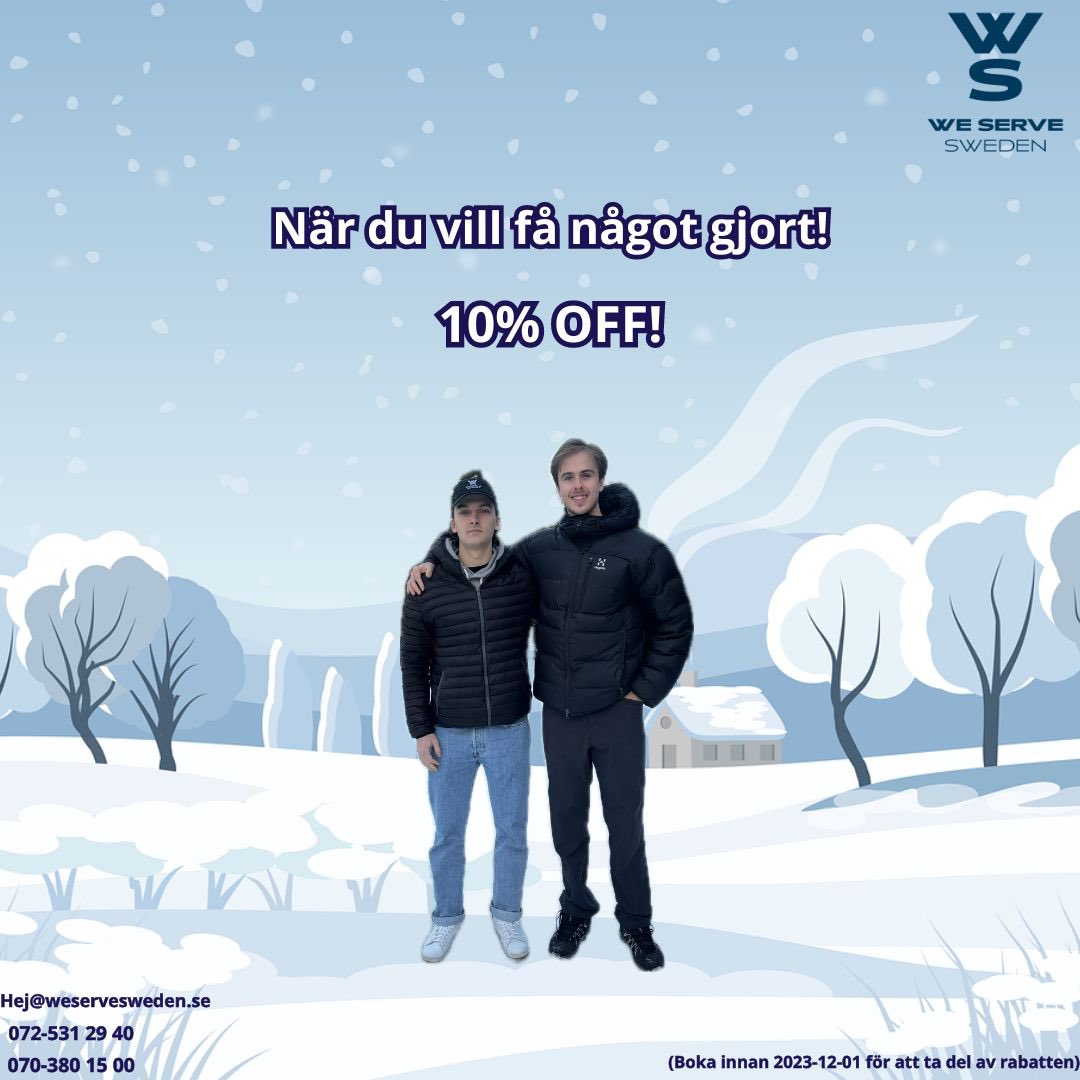 Tja! 

Passa på att boka in oss nu när vi har 10% rabatt på samtliga jobb fram tills fredag 1 dec. Som sagt vi gör det mesta så som bygg, montering, bortforsling, måleri, flytt och mycket annat.
￼