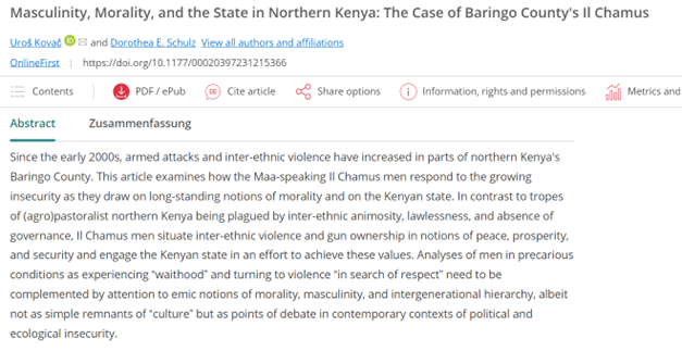 🆕@UrosKovacBg & Dorothea Schulz (@uni_muenster) examine how the Maa-speaking Il Chamus men respond to growing insecurity by drawing on long-standing #morality and the #Kenyan state. A wonderful read! ➡#OpenAccess, here: doi.org/10.1177/000203…