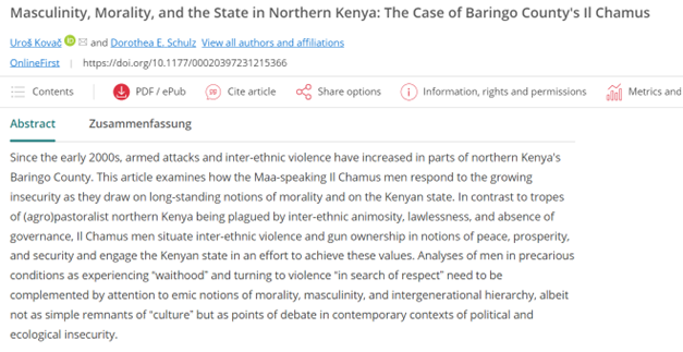 Africa Spectrum (@africaspectrum) on Twitter photo 🆕<a href="/UrosKovacBg/">Uroš Kovač</a> & Dorothea Schulz (<a href="/uni_muenster/">Universität Münster</a>) examine how the Maa-speaking Il Chamus men respond to growing insecurity by drawing on long-standing #morality and the #Kenyan state. A wonderful read!
➡#OpenAccess, here: doi.org/10.1177/000203… 🆕<a href="/UrosKovacBg/">Uroš Kovač</a> & Dorothea Schulz (<a href="/uni_muenster/">Universität Münster</a>) examine how the Maa-speaking Il Chamus men respond to growing insecurity by drawing on long-standing #morality and the #Kenyan state. A wonderful read!
➡#OpenAccess, here: doi.org/10.1177/000203…