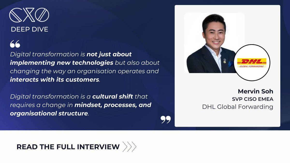 Welcome Lord Mervin Soh, SVP CISO EMEA, #DHLGlobalForwarding shares his insights and experiences on Transformation Strategy, Future Trends &amp; Transformation Leadership as part of the CXO Deep Dive series. 🌐

🔗 Full report: cxoinnovation.com/post/cxo-deep-…
