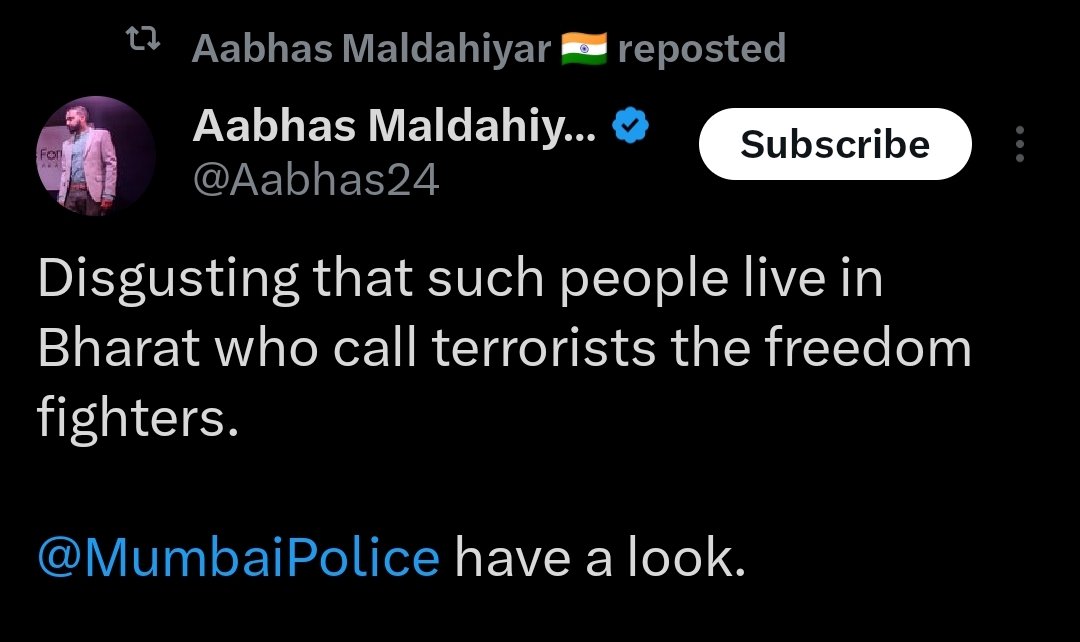 _SamiullahKhan's tweet photo. What a sick mentality is this!
Opinions which is not lining-up with these hindutva BJP guys can intellectually be challenged but subjecting it as crime and putting the matter to police authority is sickening. That is why I always cheer for education and the knowledge-based intellectual discourse. Today it is very much needed in India. 

The prestigious institution of holding and maintaining peace and order here Indian police system is not the platform for Ideological debate nor the Mumbai Police is referry of the differences of opinion among Mumbaikars.

Major setback is that this guy @Aabhas24 is followed by Prime Minister Modi.
By the way Its known & accepted fact that Resistance Against colonialism is legal, just & Noble Cause but occupation is Terrorism & threat!