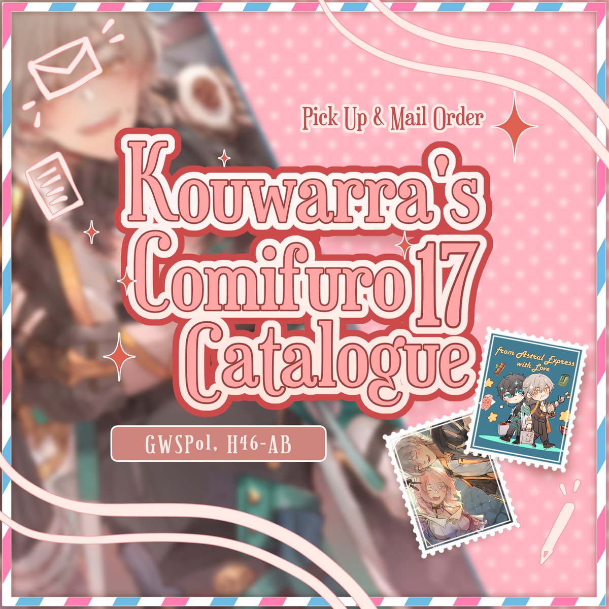 kouwarra's tweet photo. [ Shares Appreciated ❤️ ]
[ Kouwarra's CF17 catalog and Order Form ]

Hello! So happy to deliver a letterset project I've been wanting to do for a while now!!
📅Comifuro 17 Day 1 &amp; 2 ( 16-17 Dec 2023 ) 
📍Booth H-46

Mostly HSR- Astral Express focused!

#comifuro17 #cf17 (1/3) https://t.co/U24PWr4d7T