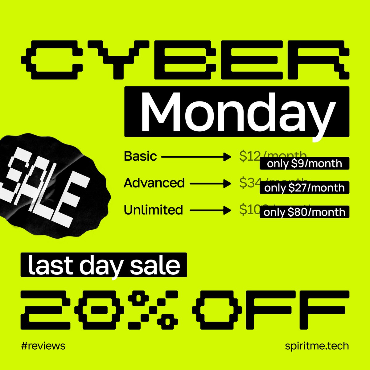Hey, there 👋🏻 It's Cyber Monday 🤖

LAST DAY SALE! Use code BLACKFRIDAY20 for an exclusive 20% discount on all our subscriptions and additional packages. Valid only until November 27th.

🤯 This lifetime discount ensures you'll save on each future payment.

If you have any