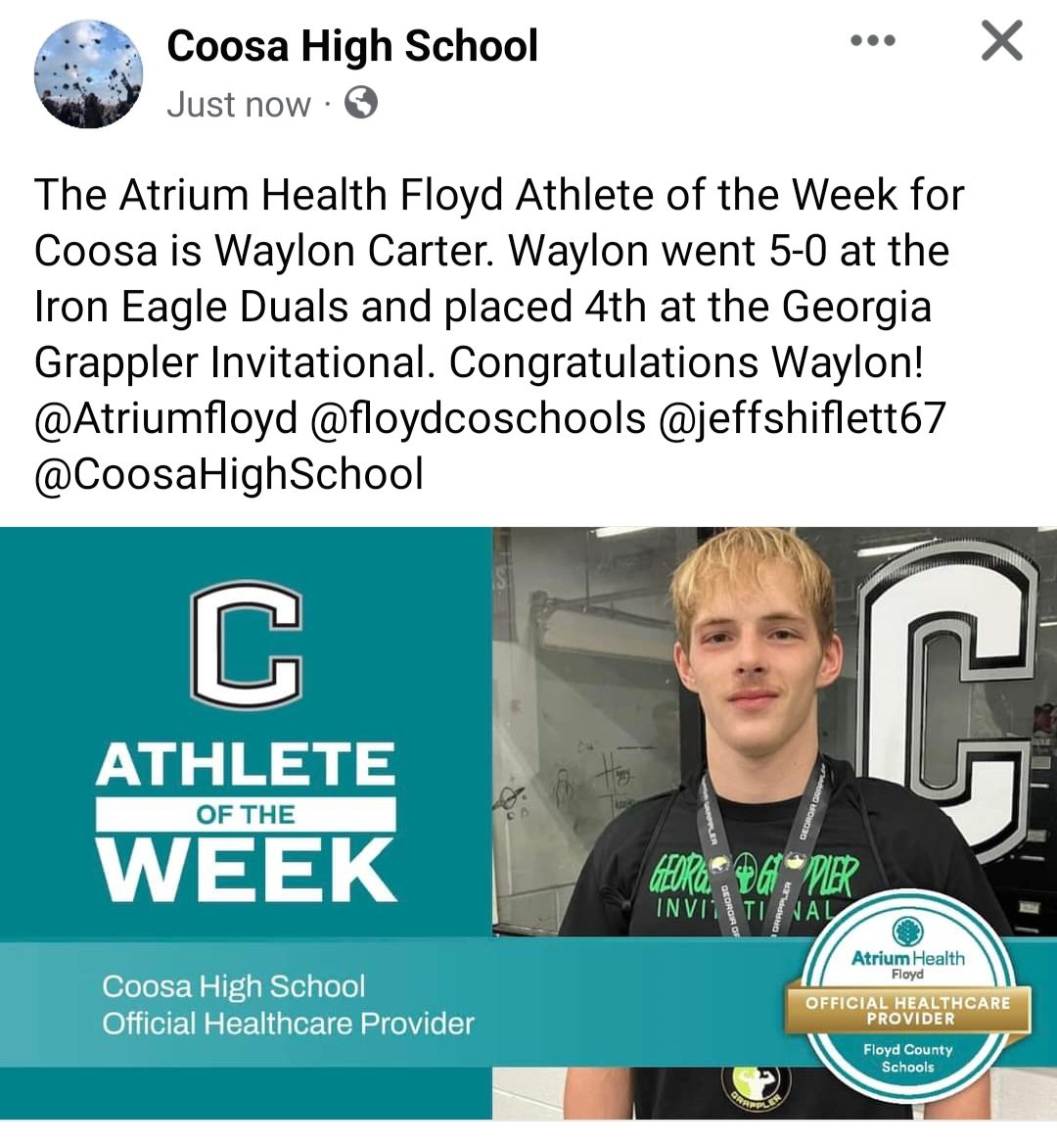 Congratulations to <a href="/Wayloncarter7/">Waylon carter</a> for being chosen <a href="/AtriumFloyd/">Atrium Health Floyd</a> #AoTW for <a href="/CoosaHighSchool/">Coosa High School</a>. Great 7 days for one of our Captains! <a href="/AFarrersports/">Alex Farrer</a> <a href="/GeorgiaGrappler/">Georgia Grappler</a>