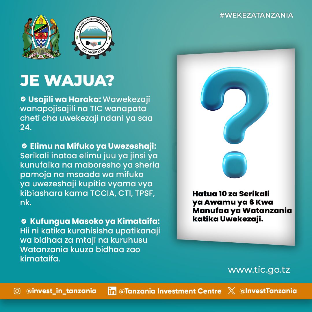 InvestTanzania's tweet photo. Hatua 10 za #Serikali ya #Awamu ya 6 Kwa Manufaa ya Watanzania katika #Uwekezaji.
#wekezatanzania
#ishiwekezauzakutokatanzania
#kaziiendelee https://t.co/8oeWHZmhuP