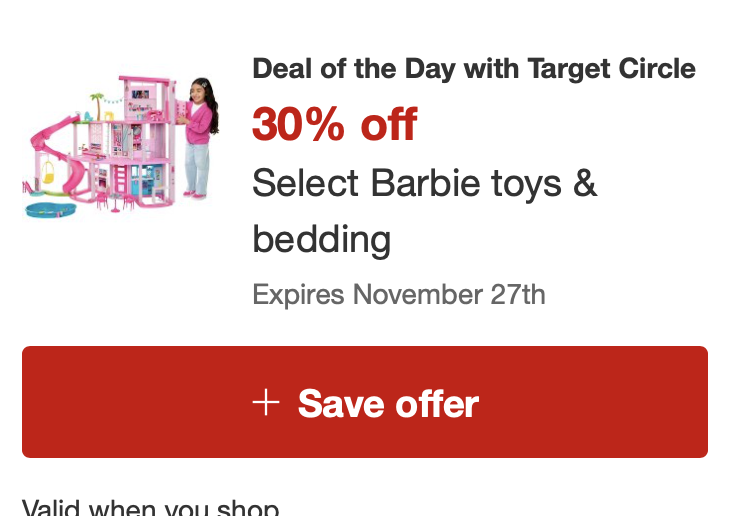 Save 30% on select Barbie toys &amp; bedding via Target
Clip Target Circle coupon

Ad> sovrn.co/xwcp1og