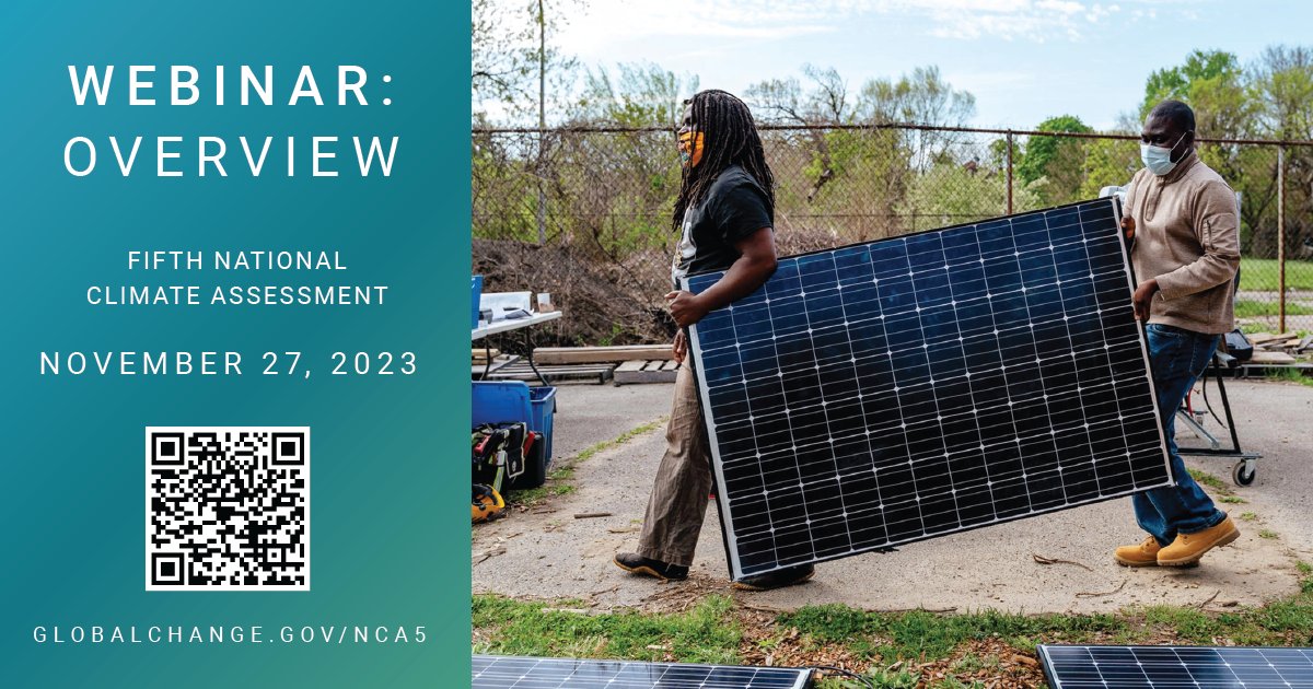 Starting today at 3pm EST, join us for the first of many #NCA5 webinars this week. Today we start with the Overview. Be sure to register to participate! globalchange.gov/events ☑️ NCA5 Webinar: Overview - November 27th, 2023 3:00PM - 4:00PM EST