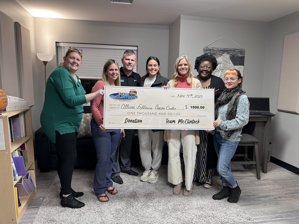 We're honored to donate $1,000 to the Albion Fellows Bacon Center, thanks to Stoney Hayhurst of Upright Construction's nomination for our monthly #TeamMcClintockGiveback  #CommunityImpact #AlbionFellowsBaconCenter #RealEstateWithHeart #UprightConstruction #EvansvilleStrong