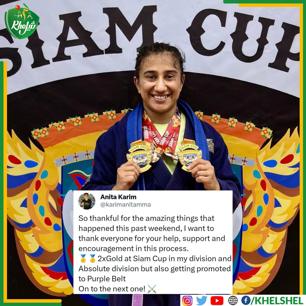 Congratulations to Pakistan's first female MMA fighter @karimanitamma on winning 2 gold medals at Siam Cup and being promoted to Purple Belt 👏 #MMAFighter | #Pakistan | #AnitaKarim | #SiamCup | #Karachi | #PurpleBelt | #MixedMartialArts