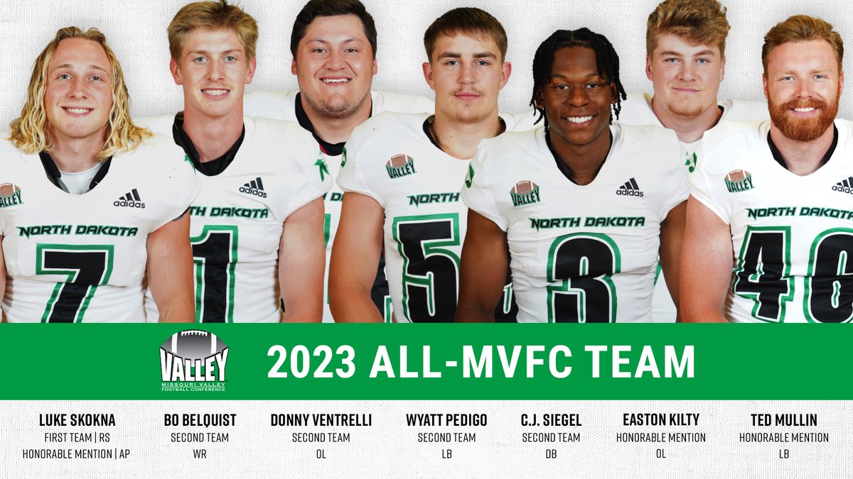 UNDfootball's tweet photo. Congratulations to the 7⃣ Fighting Hawks that received All-MVFC honors! 🏈

RELEASE: https://t.co/46syHGCgLN

#UNDproud | #LGH https://t.co/xiItwy8xX7