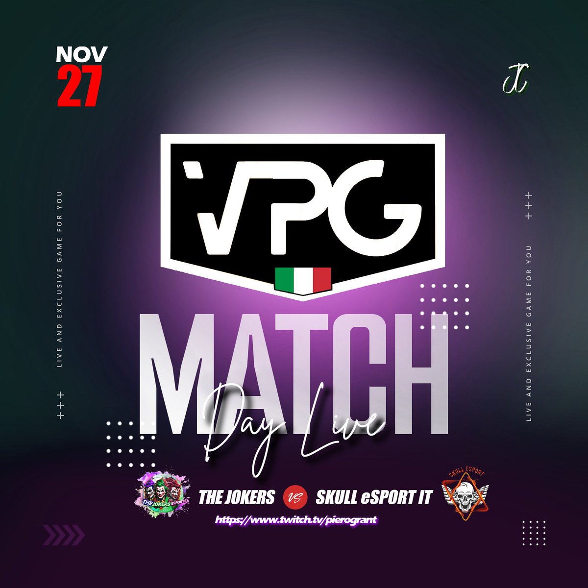 MATCH DAY!

🏆THE JOKERS vs @SkullEsport
<a href="/VPGItaly/">Virtual Pro Gaming Italy 🇮🇹</a>

live su Twitch start 21,30
twitch.tv/pierogrant

@RT_NoLimits <a href="/pctransfermarkt/">🇮🇹 PRO CLUBS TRANSFERMARKT🔍</a> @RTprocluk <a href="/RTproclub/">𝚁𝚃𝚙𝚛𝚘𝚌𝚕𝚞𝚋</a> <a href="/RTProClubs/">RTProClubs</a> <a href="/RTProClubs/">RTProClubs</a>
<a href="/RTProClubItalia/">RT PRO CLUB ITA</a> <a href="/rtproclubitaly/">Pro-Club Italy</a>