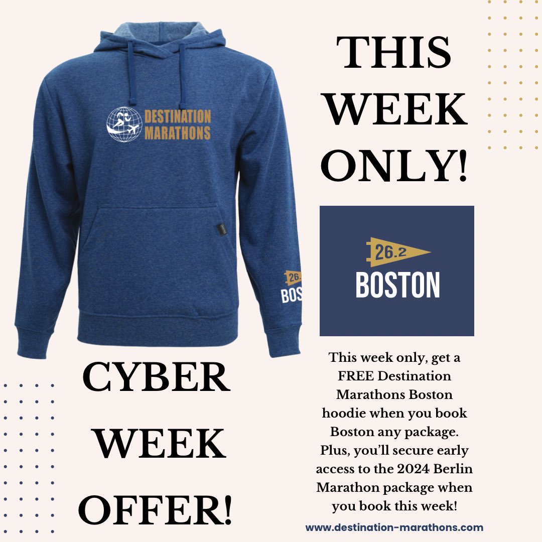 destmarathons's tweet photo. This week only, get a FREE Destination Marathons Boston hoodie when you book any Boston package. Plus, you'll secure early access to the 2024 Berlin Marathon package when you book this week!

Offer ends 12/3/23!

https://t.co/usP3z3ZyOl

#bostonmarathon #berlinmarathon #bq https://t.co/6DQOmjxJjj