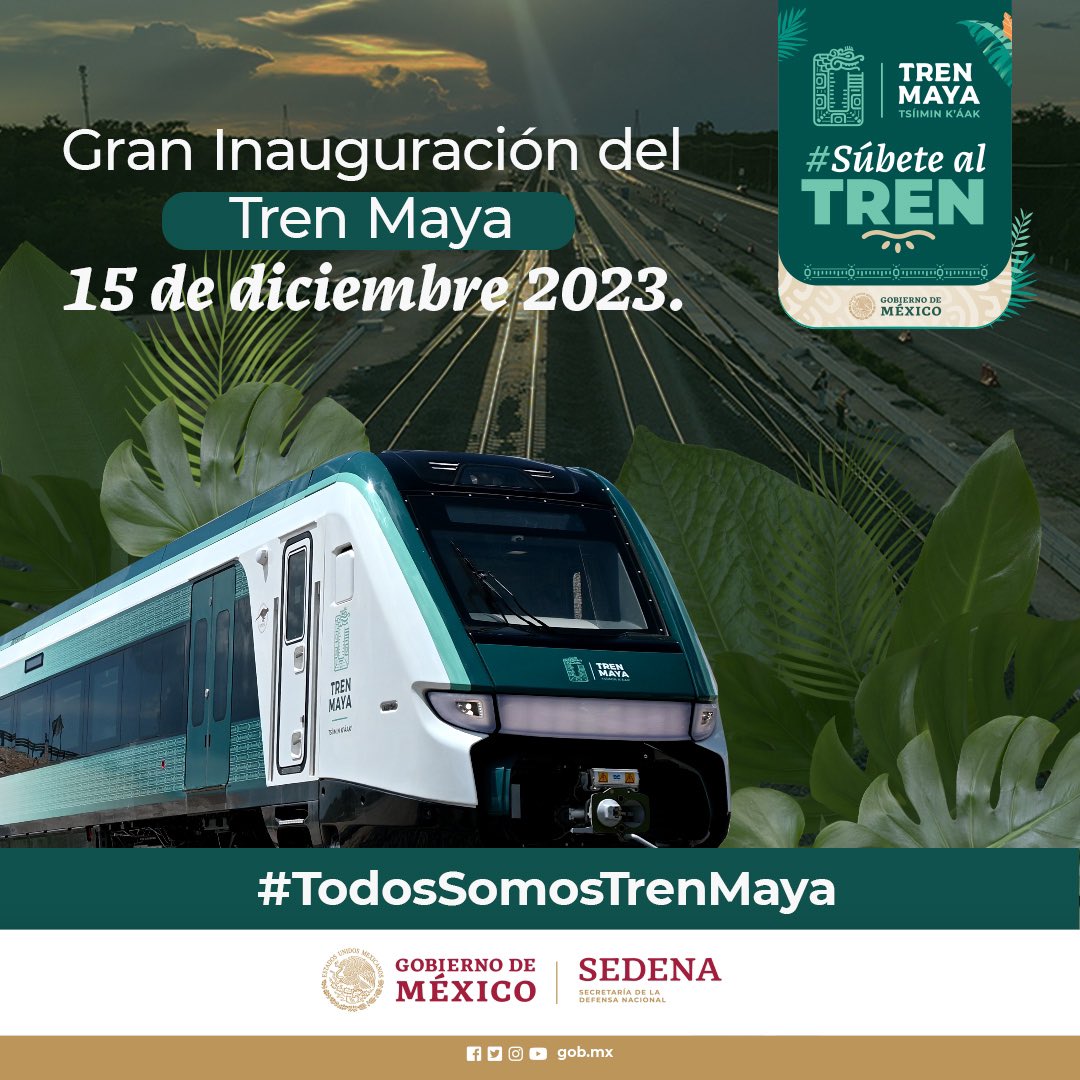 TrenMayaMX's tweet photo. ¡Es un día histórico para México! Este 15 de diciembre, marcamos el comienzo de una nueva era con la inauguración y el inicio de operaciones del Tren Maya. 🚄🎊 

#TodosSomosTrenMaya
#ViajaEnElTrenMaya
#Inauguración15deDiciembre https://t.co/yHt8n2lCeq