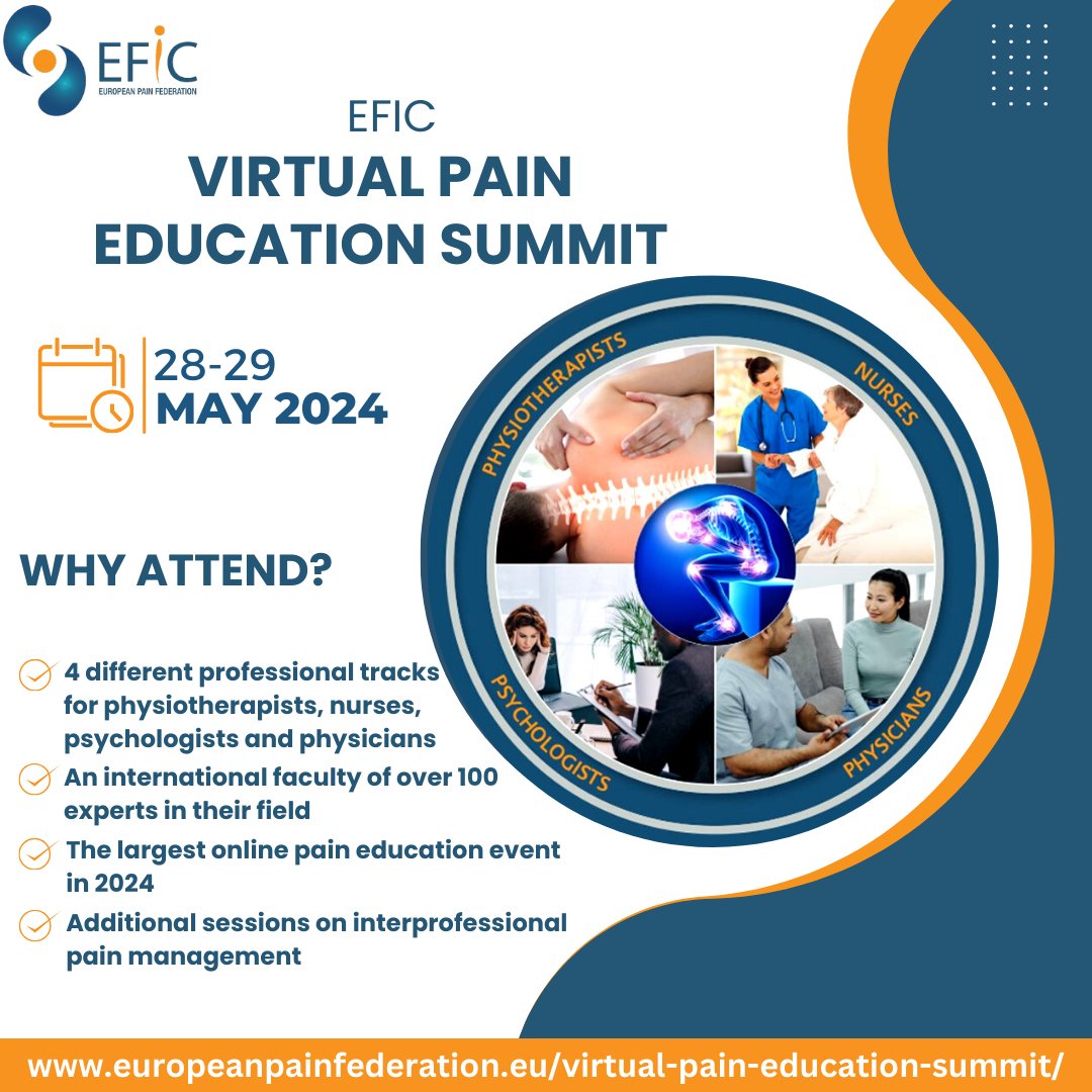 The largest global online pain education event is coming back next year!📚 4 specialised tracks on pain management for physiotherapists, nurses, psychologists and physicians.The #EFICVirtualPainSummit is exclusively available for #EFICAcademy members only. brnw.ch/21wENHe