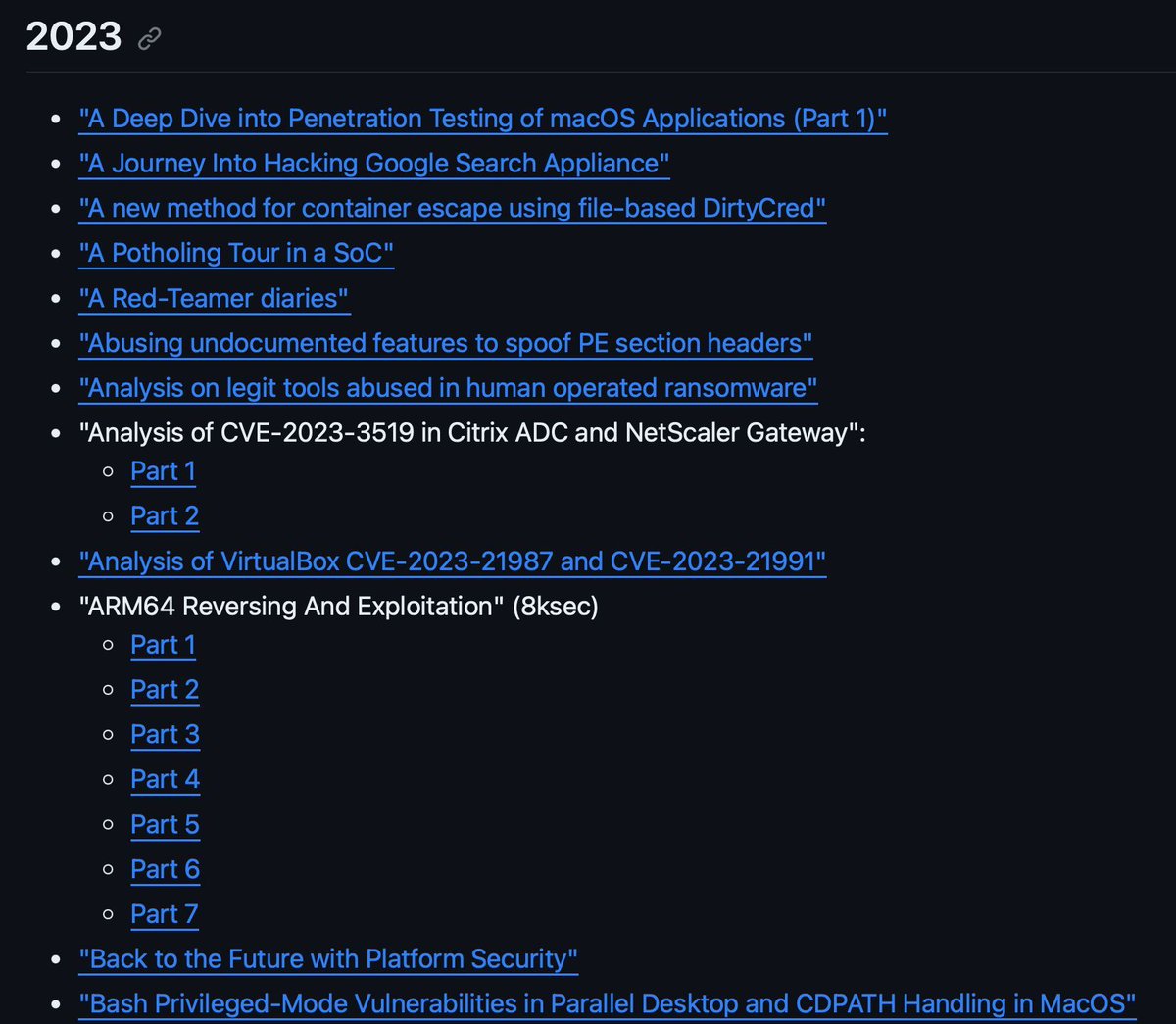 0xor0ne's tweet photo. List of links to blog posts, write-ups and papers related to cybersecurity, reverse engineering and exploitation (constantly updated)

https://t.co/BFgAhy4ruL

#cybersecurity #infosec https://t.co/ZfKGkRACWX